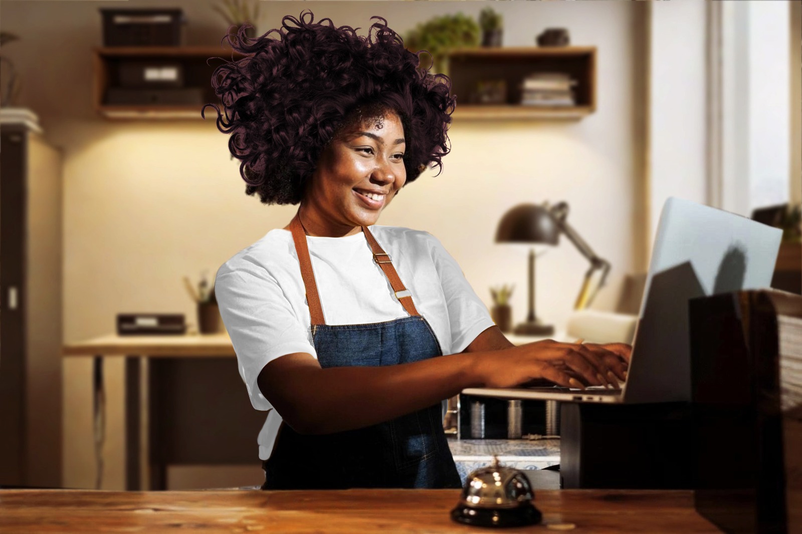 friendly african american shop assistant using pos terminal to input orders at restaurant